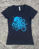 Octopus on a Bike Women’s T-Shirts - Classic Slim Tee - Black / Bright Blue / S - Animals on Bikes