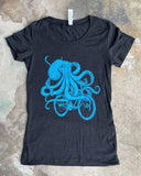 Octopus on a Bike Women’s T-Shirts - Classic Slim Tee - Tri-Black / Bright Blue / S - Animals on Bikes