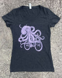 Octopus on a Bike Women’s T-Shirts - Classic Slim Tee - Tri-Black / Lavender / S - Animals on Bikes