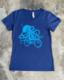 Octopus on a Bike Women’s T-Shirts - Classic Slim Tee - Tri-Navy / Bright Blue / S - Animals on Bikes