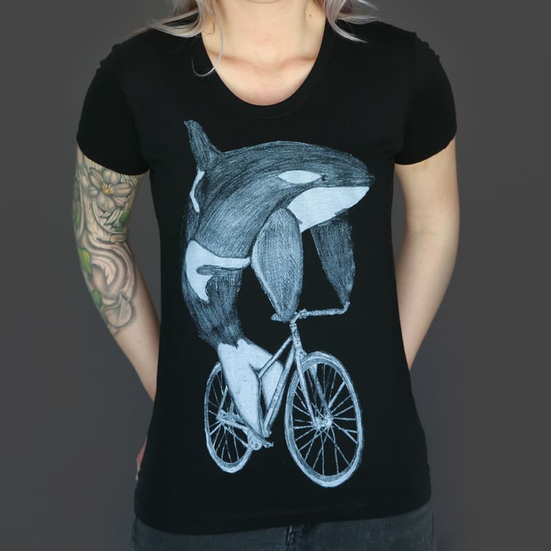 Orca on a Bicycle Womens T-Shirt - Womens Tee / Black / S - Ladies Tees