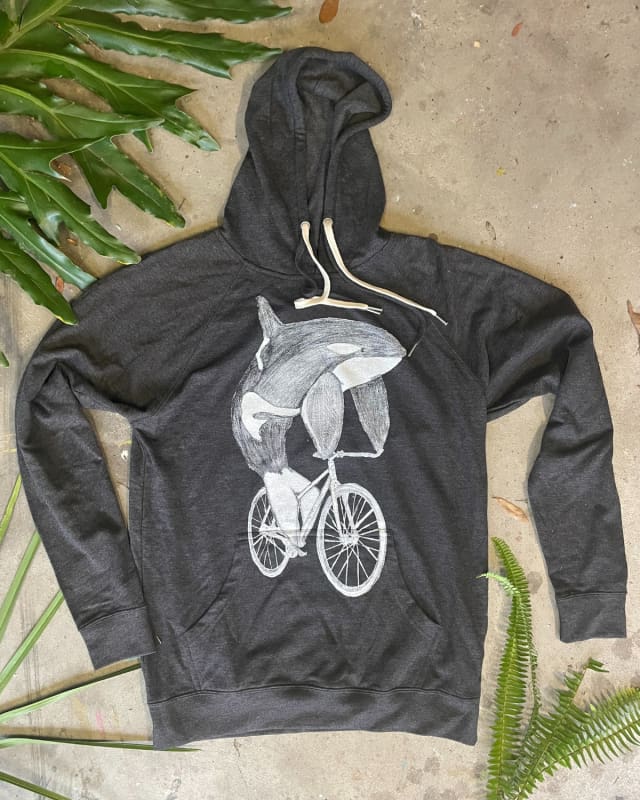 orca on a bike dark cycle clothing Heather Black light weight hooded sweat shirt