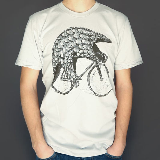 Pangolin on a Bicycle Mens T-Shirt - Unisex/Mens Tee / Silver / XS - Unisex Tees
