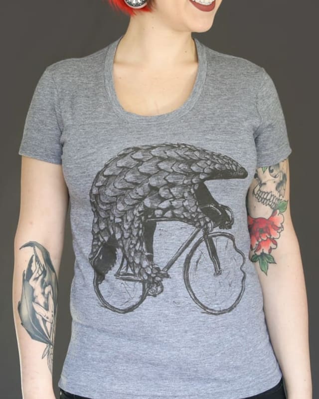 Pangolin on a Bicycle Women’s T-Shirt - Classic Slim Tee - Tri-Grey / S - Ladies Tees