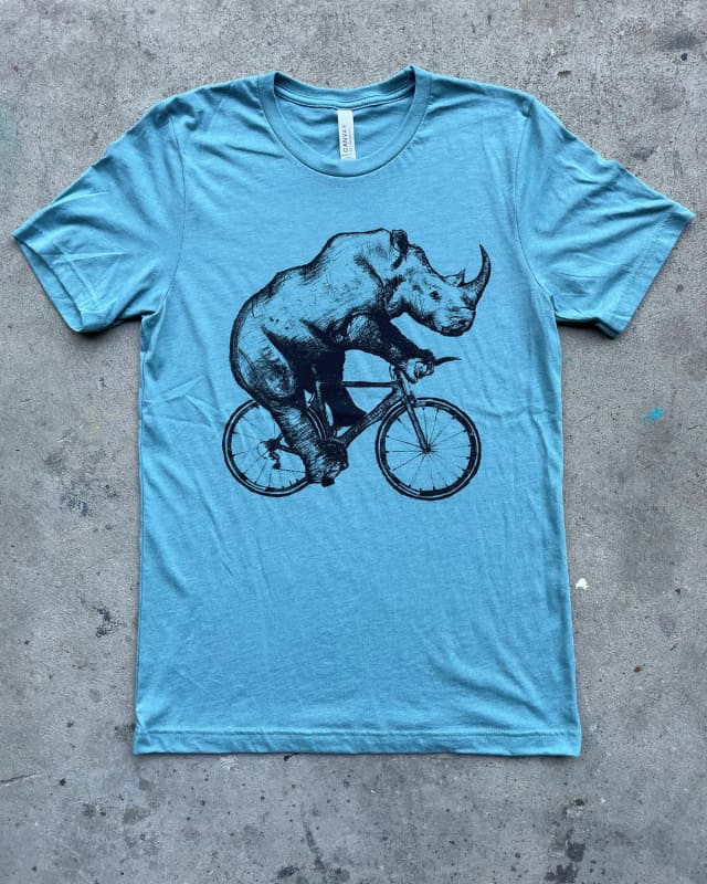 Rhino on a Bicycle Men’s T-Shirt - The CVC Tee - Heather Blue Lagoon / XS - Unisex Tees