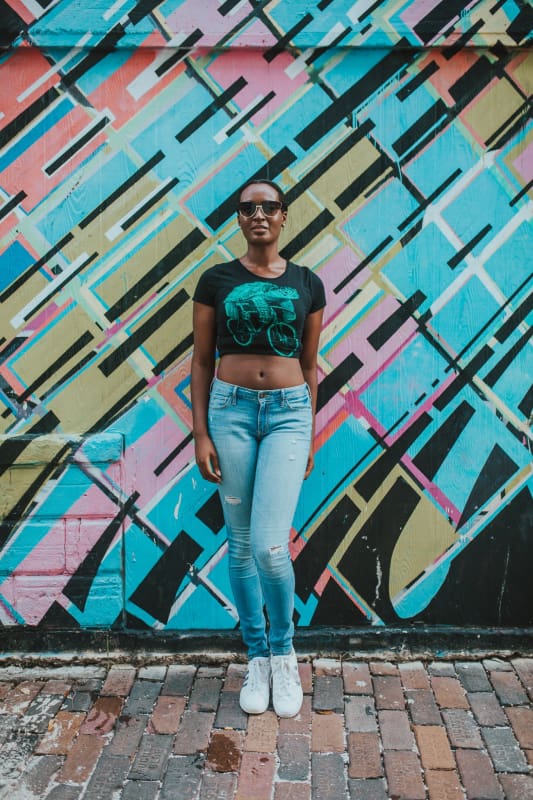 Sea Turtle on a Bicycle Womens Crop Top - Black Heather TriBlend / S - Ladies Tanks