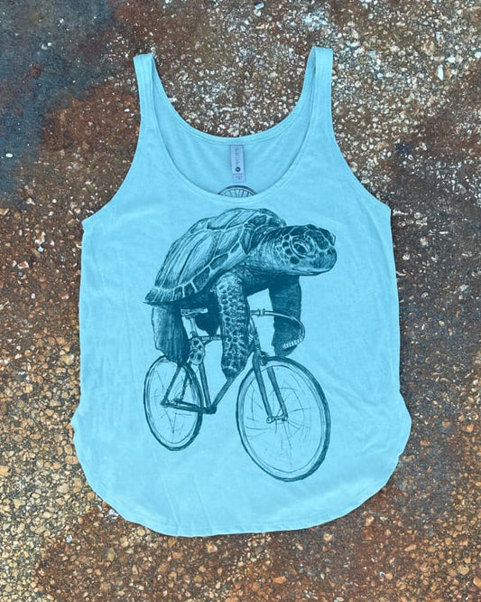 Sea Turtle on A Bicycle Women’s Festival Tank - Festival Tank - Stonewashed Green / XS - Women’s