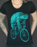 Sea Turtle on a Bicycle Women’s T-Shirt - Classic Slim Tee - Tri-Black / S - Ladies Tees