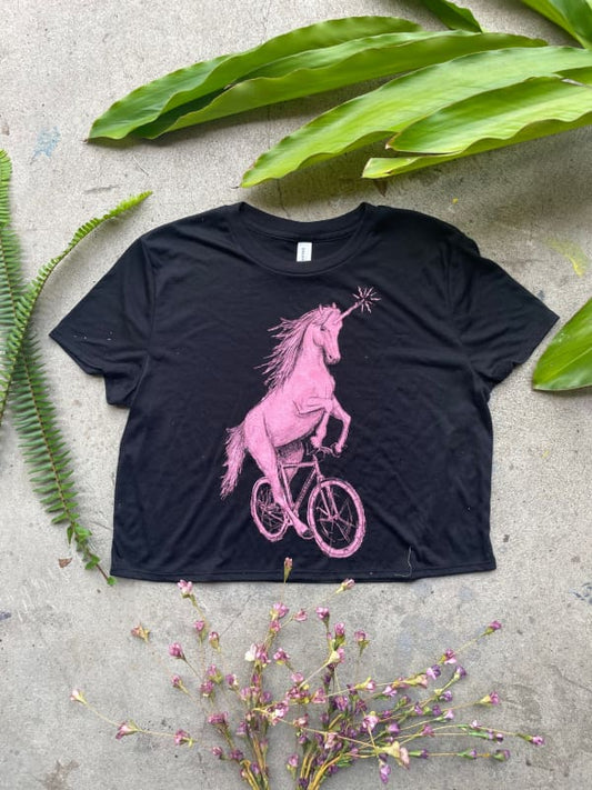 Unicorn on a Bicycle Women’s Crop Top - Black / S - Ladies Tees