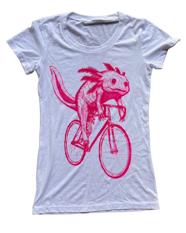 Axolotl on A Bicycle Women’s Shirt - PINK INK - Classic Slim Tee - White / S - Women’s