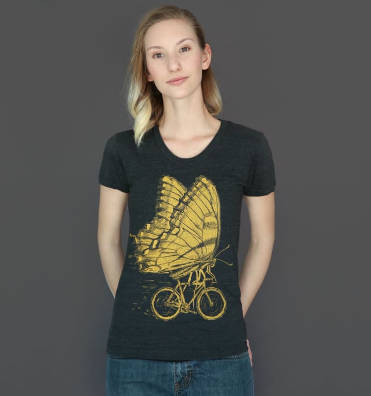 Butterfly On A Bicycle Womens T-Shirt - Womens Tee / Tri Black / S - Ladies Tees