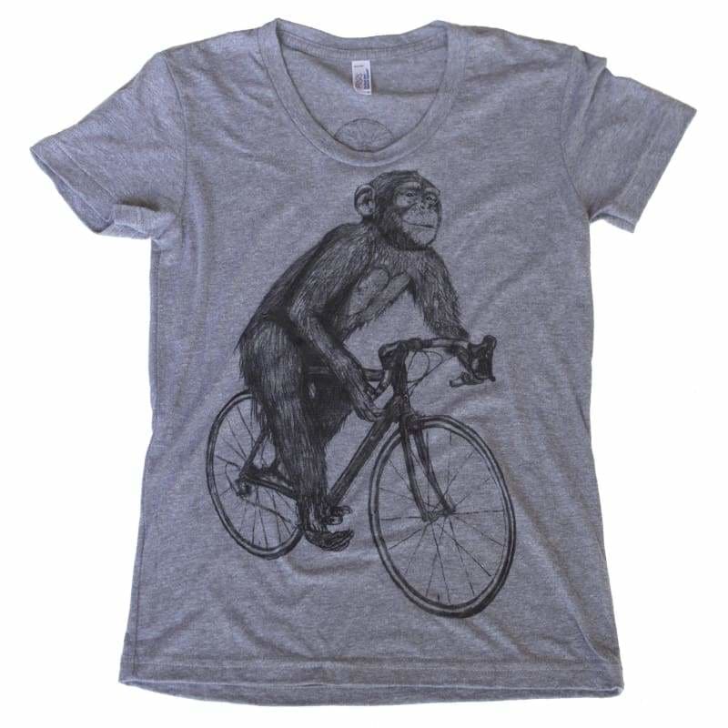 Chimpanzee on a Bicycle Womens T-Shirt - Womens Tee / Athletic Grey / S - Animals on Bikes