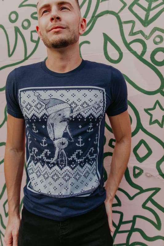Christmas Narwhal on a Bicycle Mens Shirt - XS / Solid Navy Triblend - Unisex Tees