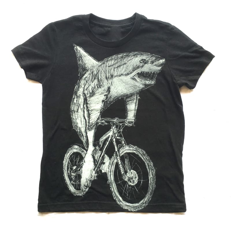 Great White Shark on a Bicycle Kids T-Shirt - Kids and Youth Tee (Black Heather) / Tri-Black / 6 - Kids Shirts