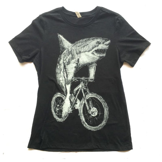 Great White Shark on a Bicycle Womens T-Shirt - Womens Relaxed Tee(black Heather) / Black Heather / S - Ladies Tees