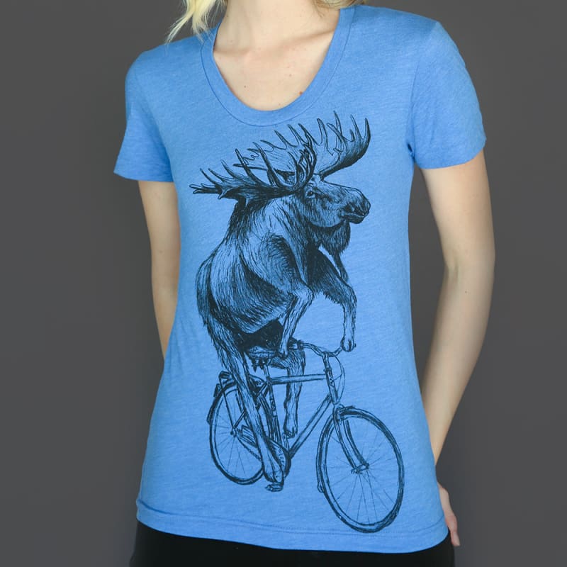 Moose on a Bicycle Womens T-Shirt - Womens Tee / Tri-Blue / S