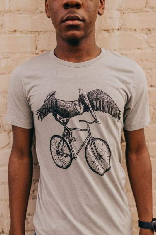 Pelican on a Bike Mens T-Shirt - Heather Stone / XS - Unisex Tees