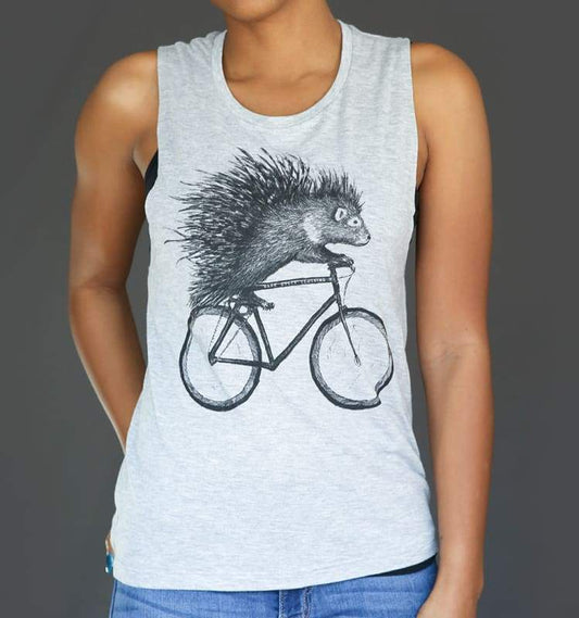Porcupine on a Bicycle Womens Muscle Tank Top - Womens Muscle Tank / Heather Grey / S - Ladies Tanks