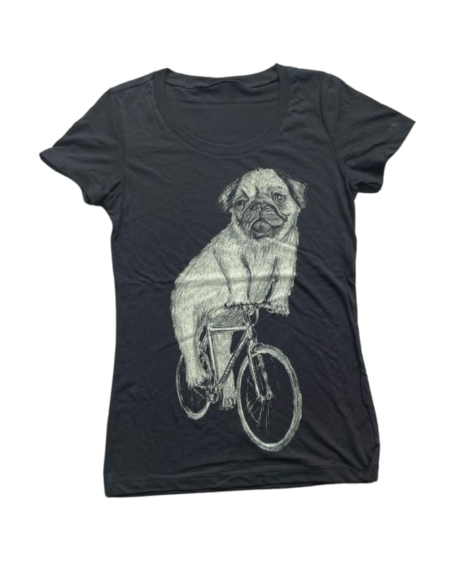 Pug on A Bicycle Women’s Shirt - Classic Slim Tee - Black / XS - Women’s