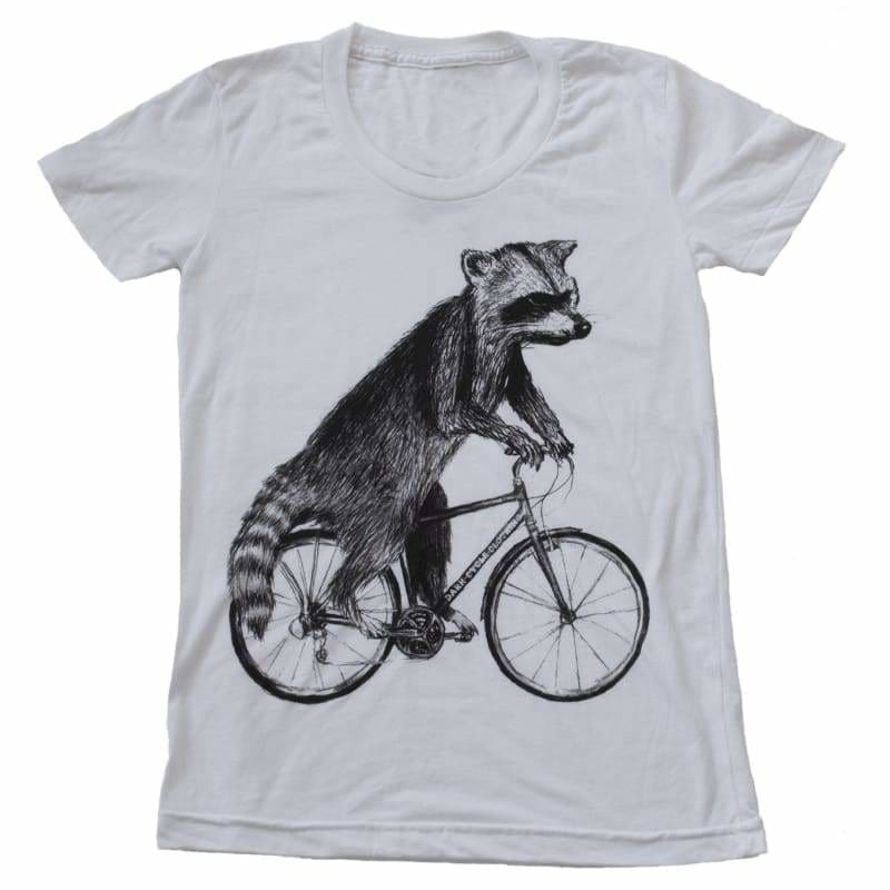 Raccoon on a Bicycle Womens T-Shirt - Womens Tee / White / S