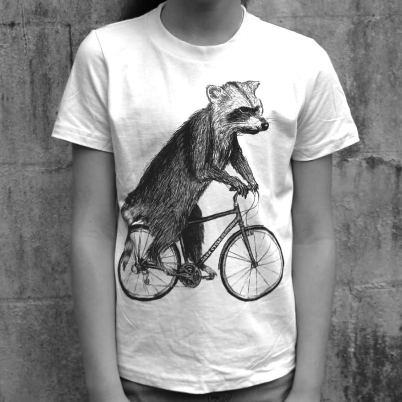 Raccoon on a Bicycle Kids T-Shirt - Kids/Youth / White / 8 - Kids Shirts