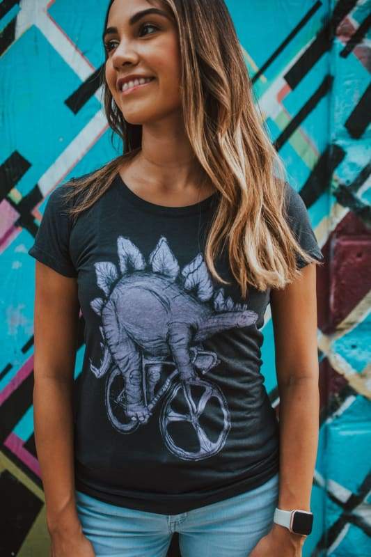 Stegosaurus on a Bicycle Womens T-Shirt - Black / XS - Ladies Tees